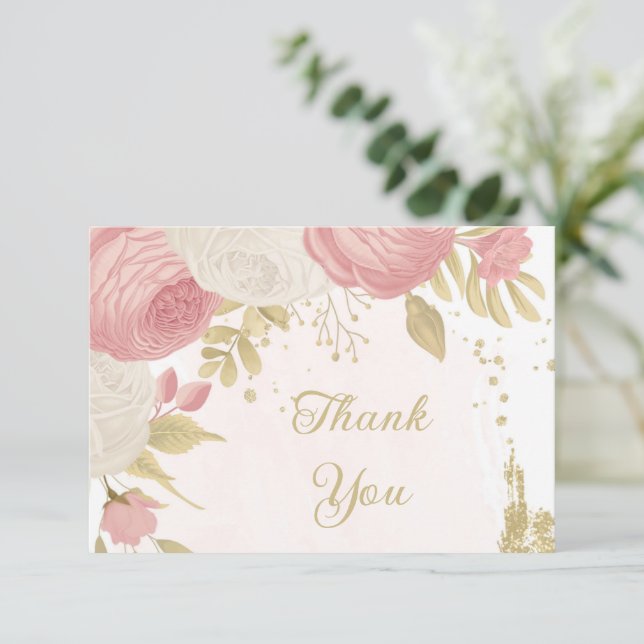Romantic pink & white flowers gold wedding  tack kort (Stående Fram)