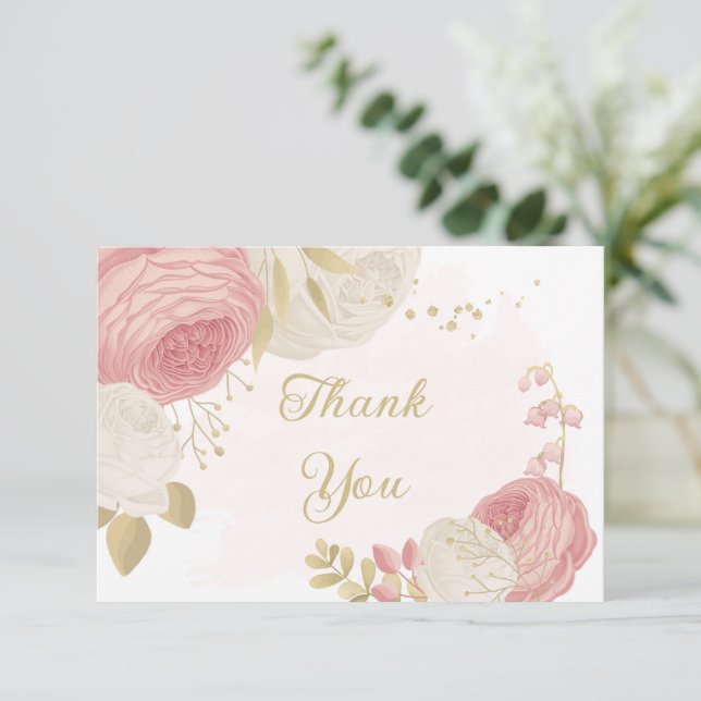 Romantic pink & white flowers gold wedding tack kort (Stående Fram)