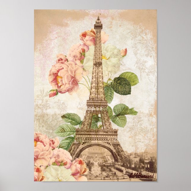 Romantic-Poster eller skriv ut Paris Rosa ros Vint Poster (Framsidan)