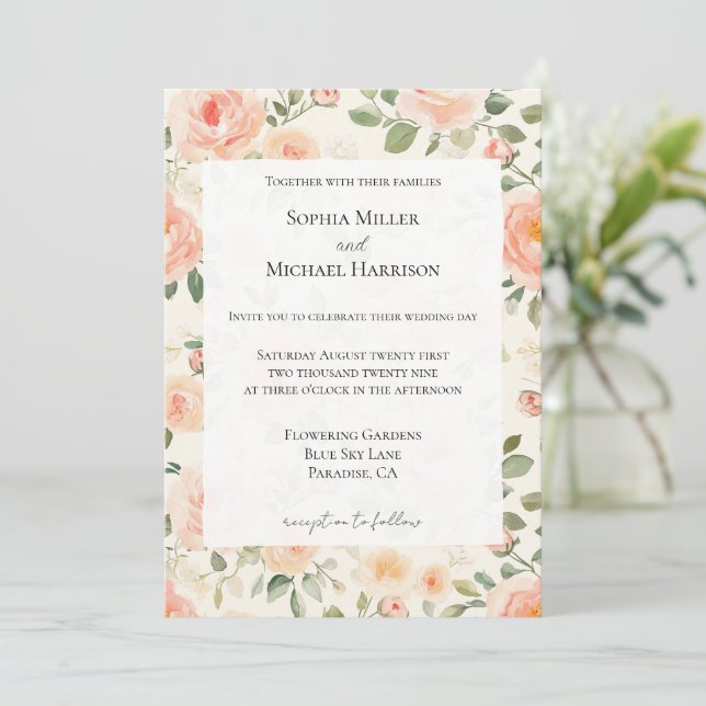 Romantic Pretty Cream Peach Floral Wedding Inbjudningar (Stående Fram)