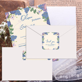 Romantic Purple & Blue Floral Wedding Thank You Fyrkantigt Klistermärke