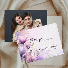 Romantic Purple Floral Photo Wedding Thank You Vykort