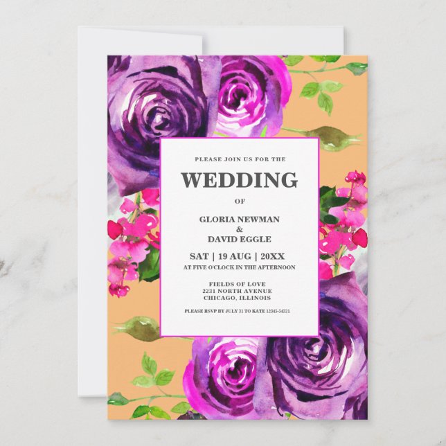 Romantic Purple Floral Wedding Invitation Inbjudningar (Framsida)