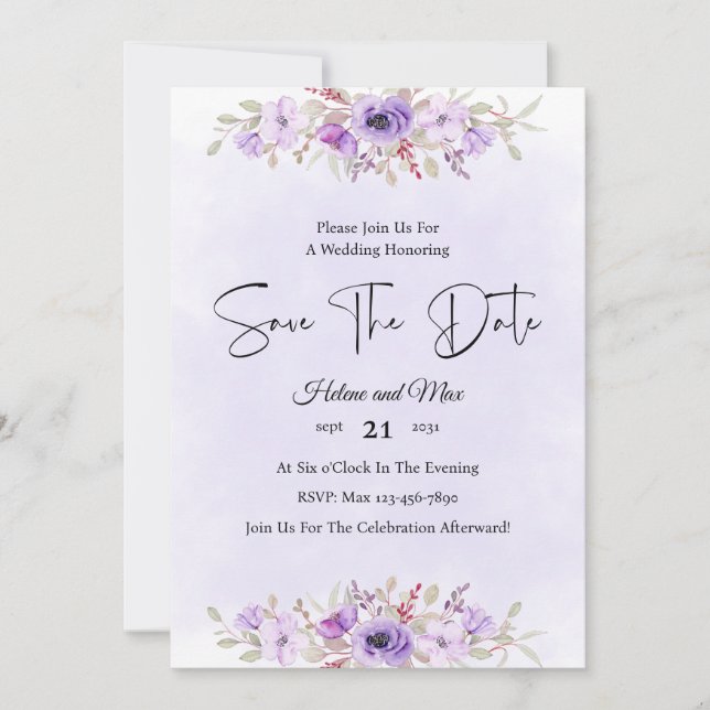 Romantic Purple Floral Wedding Save the Date Inbjudningar (Framsida)