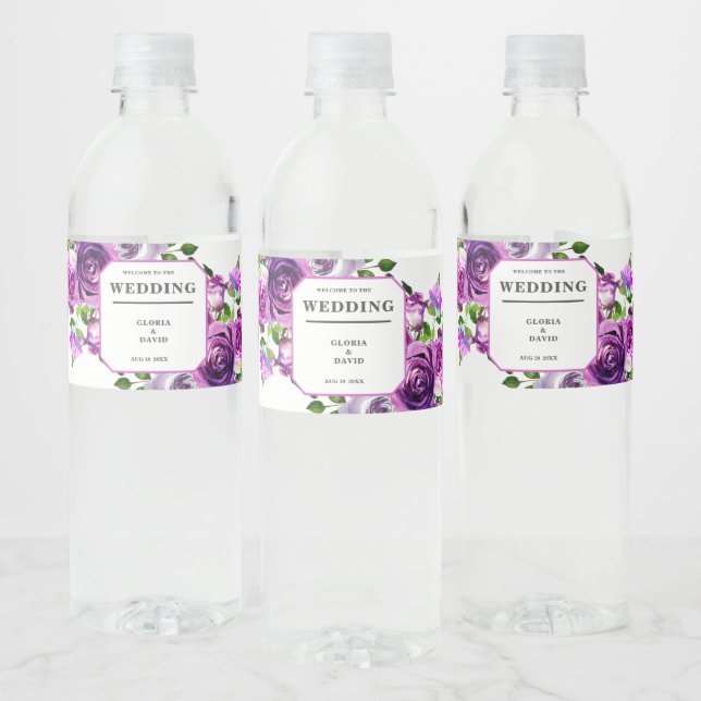 Romantic Purple Floral Wedding Wine Label Vattenflaskor Etikett (Flaskor)
