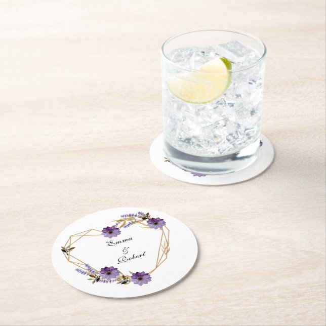 Romantic purple flower bouquet abstract background underlägg papper rund (Insitu)