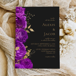 Romantic Purple Gold Dark Floral Wedding Inbjudningar