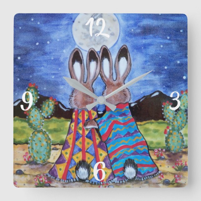 Romantic Rabbit Måne Southwest Clock Jackkanit Fyrkantig Klocka (Framsida)