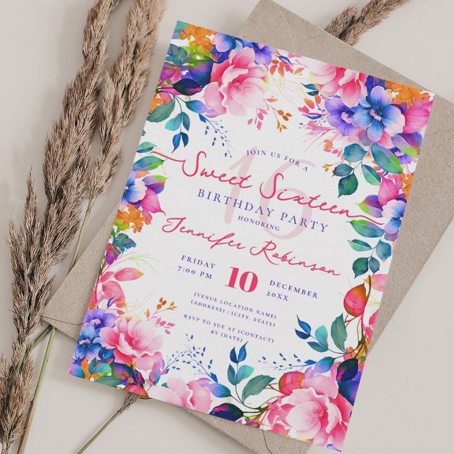 Romantic Rainbow Garden Blommigt Sweet 16 Party Inbjudningar (Romantic Rainbow Garden Floral Sweet 16 Party Invitation)