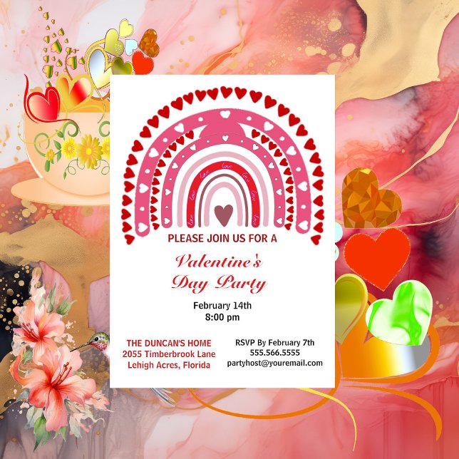 Romantic Rainbow Valentines day Hearts Party Inbjudningar (Romantic Rainbow Valentines Day Hearts Party Invitation)