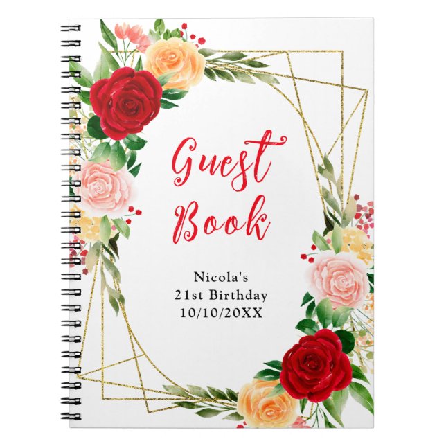 Romantic Red and Orange Roses Birthday Guest Book Anteckningsbok (Framsidan)