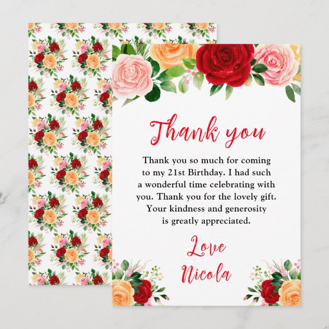 Romantic Red and Orange Roses Birthday Tack Kort (Fram/baksida)