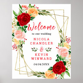 Romantic Red and Orange Roses Wedding Welcome Sign Poster