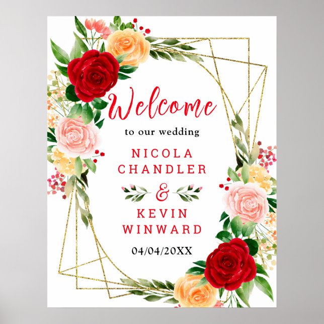 Romantic Red and Orange Roses Wedding Welcome Sign Poster (Framsidan)
