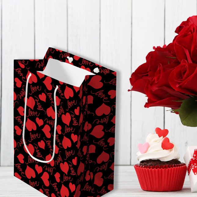 Romantic Red & Black Heart Mönster (Red & Black Heart Patterns Romantic Medium Gift Bag)