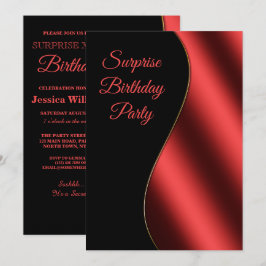 Romantic Red & Black Wave Surprise Birthday Inbjudningar