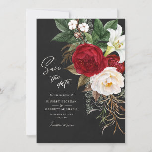 Romantic Red Blommigt Black Parchment Ivory Bröllo Spara Datumet