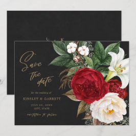 Romantic Red Blommigt Bouquet Black & Guld Bröllop Spara Datumet