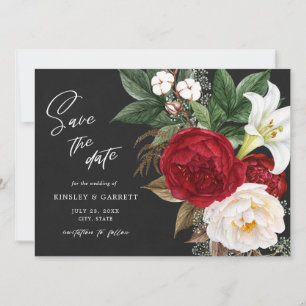 Romantic Red Blommigt Bouquet Black & White Bröllo Spara Datumet
