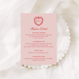 Romantic Red Blush Vintage Monogram Crest Wedding Tilläggskort