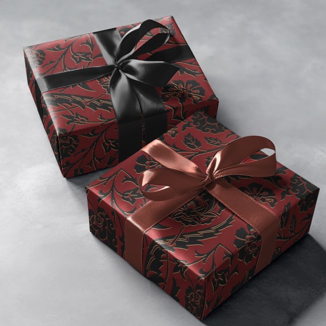 Romantic Red Bold Damask Paisley Black Blommigt Presentpapper (Skapare uppladdad)