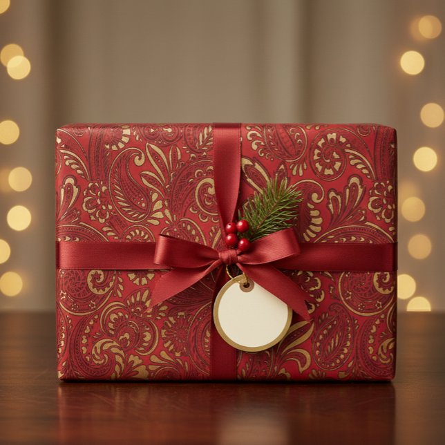 Romantic Red Bold Damask Paisley Bold Blommigt Presentpapper (Skapare uppladdad)