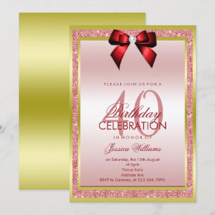 Romantic Red Bow & Sparkly Glitter 40:e födelsedag Inbjudningar