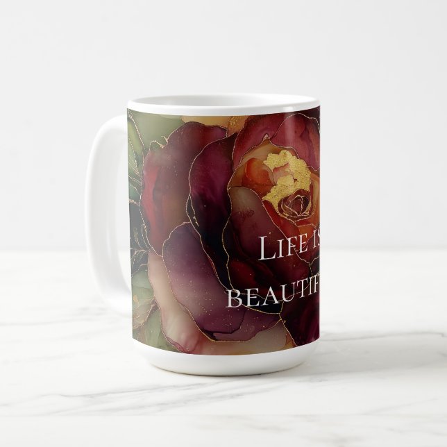 Romantic Red Burgundy Ro Guld Blommigt Kaffemugg (Framsida vänster)