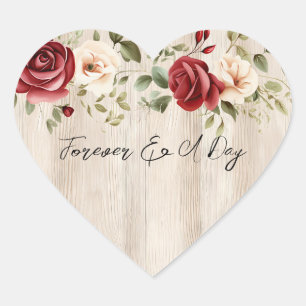 Romantic Red Cream Ro Faux Wood Bröllop Hjärtformat Klistermärke