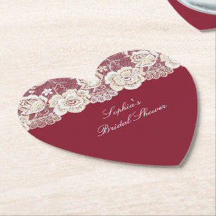 Romantic Red Cream White Snöre Blommigt Bröllop Underlägg Papper