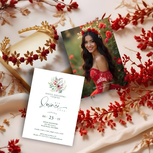 Romantic Red Floral Floral Boho Quinceañera Inbjudningar (Spanish Romantic Red Floral Floral Boho Quinceañera Invitations Cards with Back Photo & Tiara.)