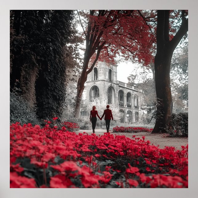 Romantic Red Flowers Couple Square Wall Poster (Framsidan)