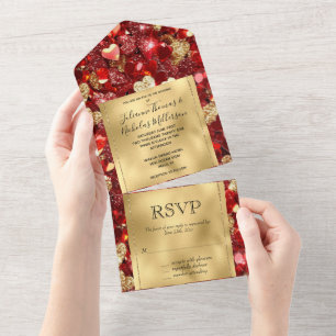 Romantic Red Guld Glitzy Hearts Bröllop