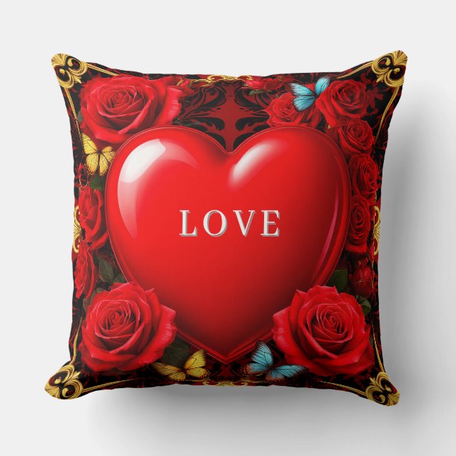 Romantic Red Heart Framed by Roses and Butterflies Kudde (Framsida)