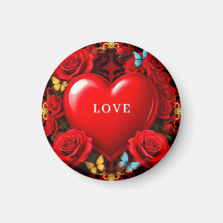 Romantic Red Heart Framed by Roses and Butterflies Magnet