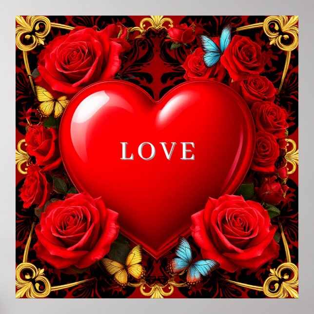Romantic Red Heart Framed by Roses and Butterflies Poster (Framsidan)