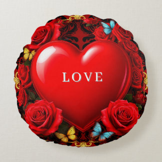 Romantic Red Heart Framed by Roses and Butterflies Rund Kudde