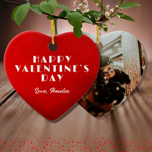 Romantic Red Heart Name Photo Valentine`s Day Julgransprydnad Keramik