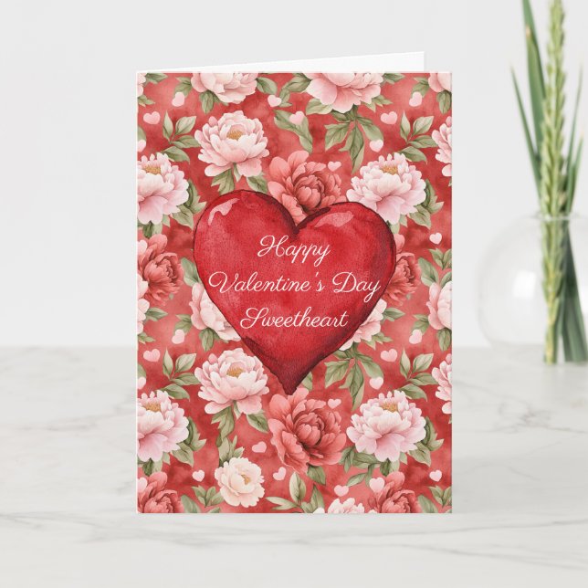 Romantic Red Heart Pink Floral Valentine's Day Kort (Framsida)