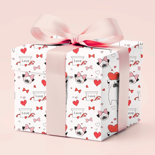 Romantic Red Heart Pug Kärlek | Alla hjärtans dag Presentpapper (Skapare uppladdad)
