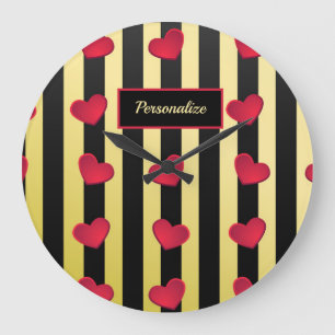 Romantic Red Hearts Guld Black Rand personalize Stor Klocka