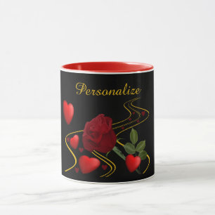 Romantic Red Hearts & Ro Guld Ribbon Personalize Mugg