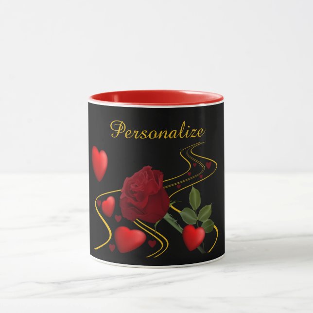 Romantic Red Hearts & Ro Guld Ribbon Personalize Mugg (Center)