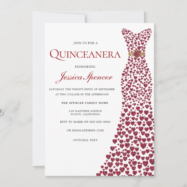 Romantic Red Kärlek Heart Dress Quinceanera Inbjud Inbjudningar (Framsida)