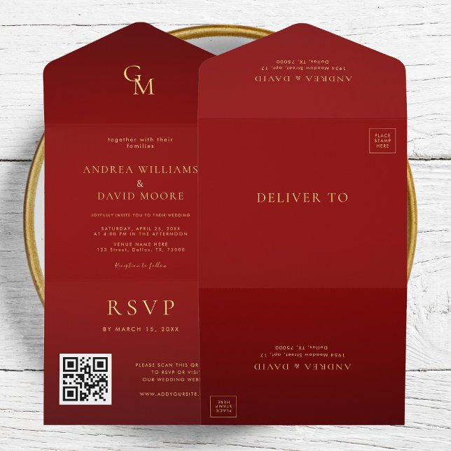 Romantic Red och Guld Monogram QR Code Bröllop (Skapare uppladdad)
