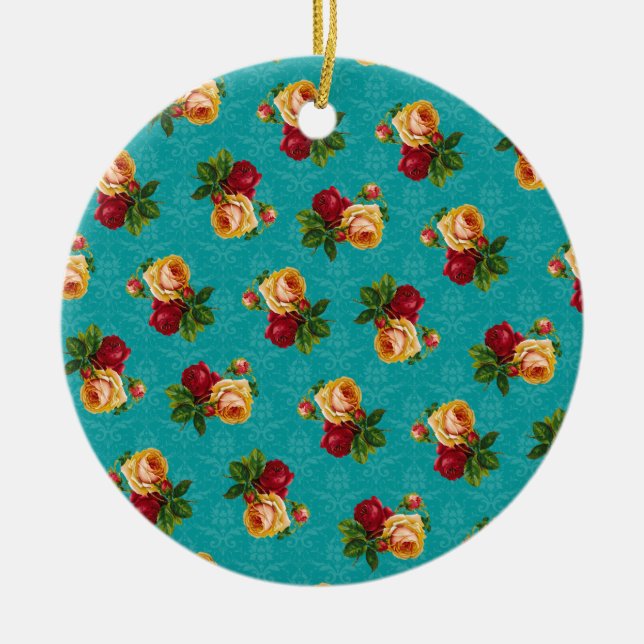 Romantic Red Peach Ro Mönster Teal Damask Julgransprydnad Keramik (Framsidan)