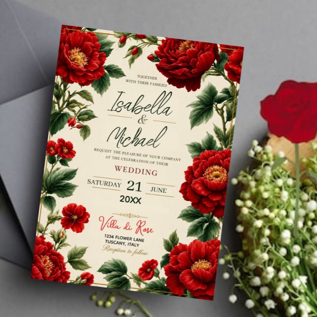 Romantic Red Peony Elegant Floral Luxury Botanical Inbjudningar (Skapare uppladdad)