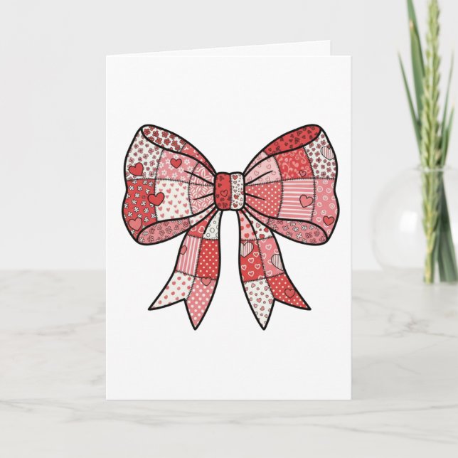 Romantic Red Pink Patchwork Ribbon Bow Drawing  Kort (Framsida)