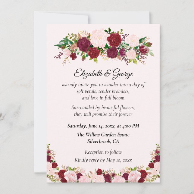 Romantic Red, Pink Roses Custom Wedding Invitation Inbjudningar (Framsida)