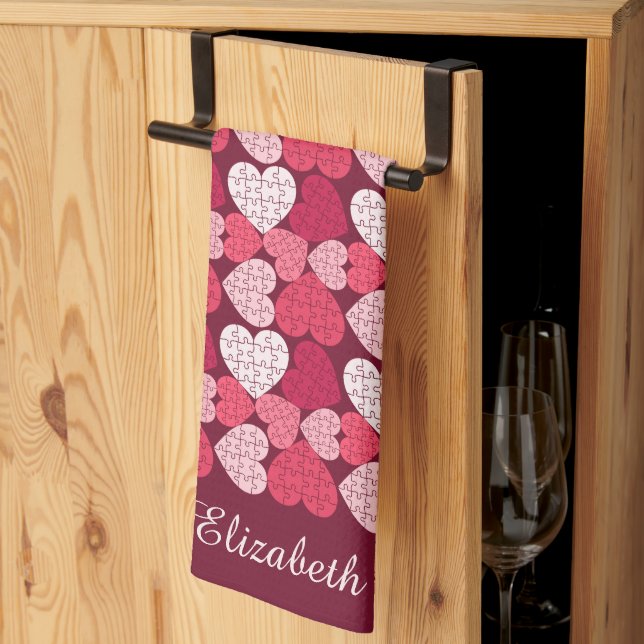 Romantic Red & Rosa Jigszle Puzzle Heart Mönster Kökshandduk (Thirds Fold)